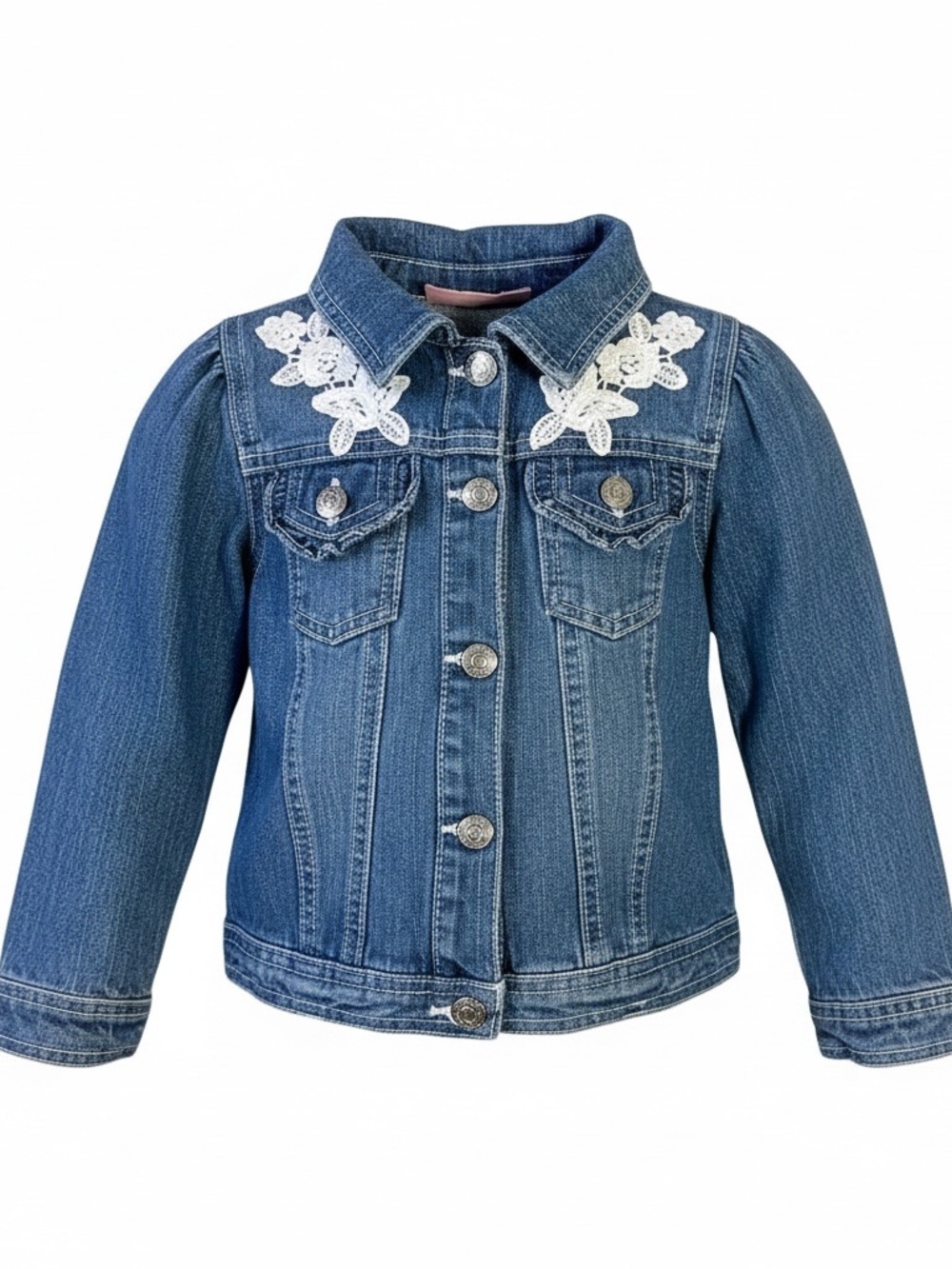 Young Hearts Girls Denim Jacket 4T Lace Floral Applique Button Front Jean